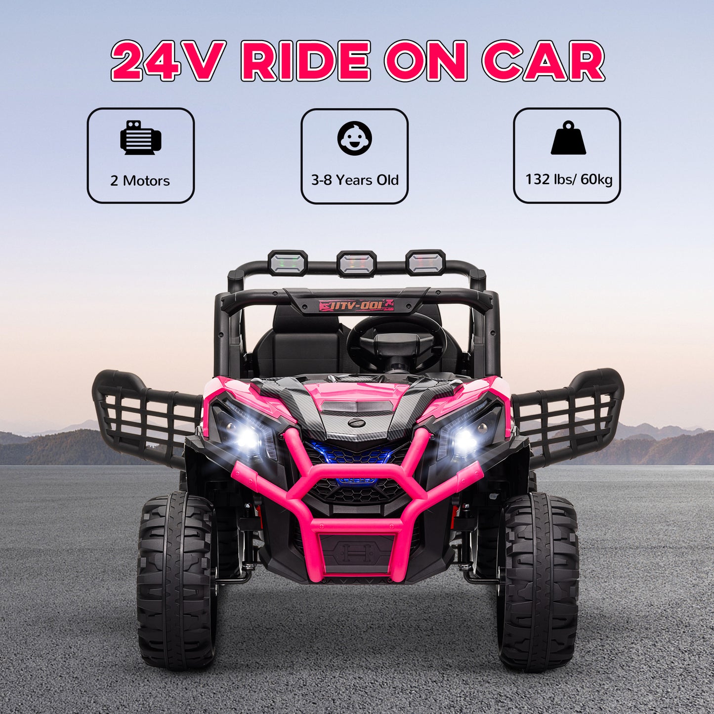 Qaba 2 Seater 24V Electric Car for Kids w/ Remote Control, 3 Speed, LED Lights, Music, Horn, Spring Suspension, Pink