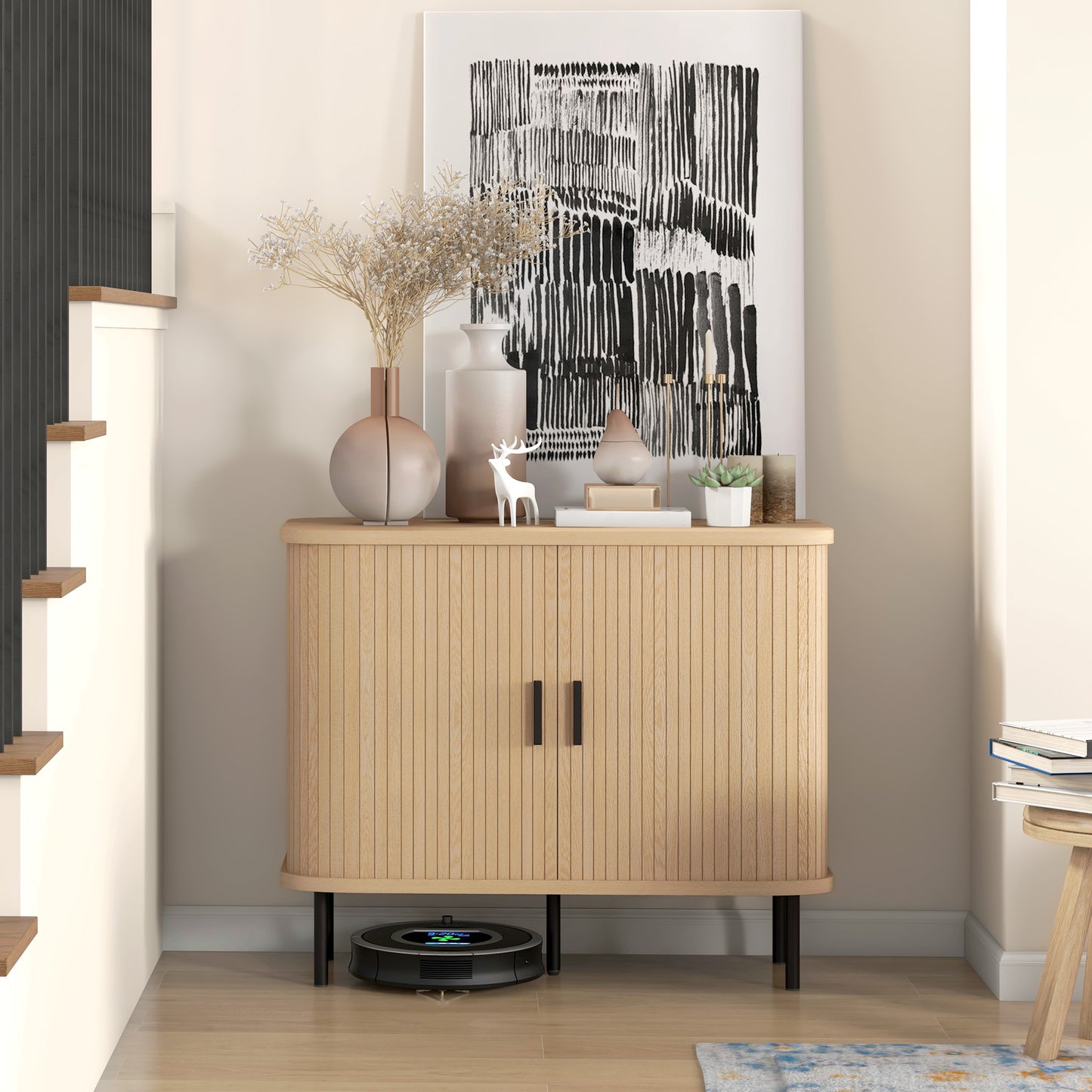 35.4" Sideboard Buffet Cabinet with Storage, Nordic Coffee Bar Cabinet with Slatted Tambour Doors and Metal Legs, Oak