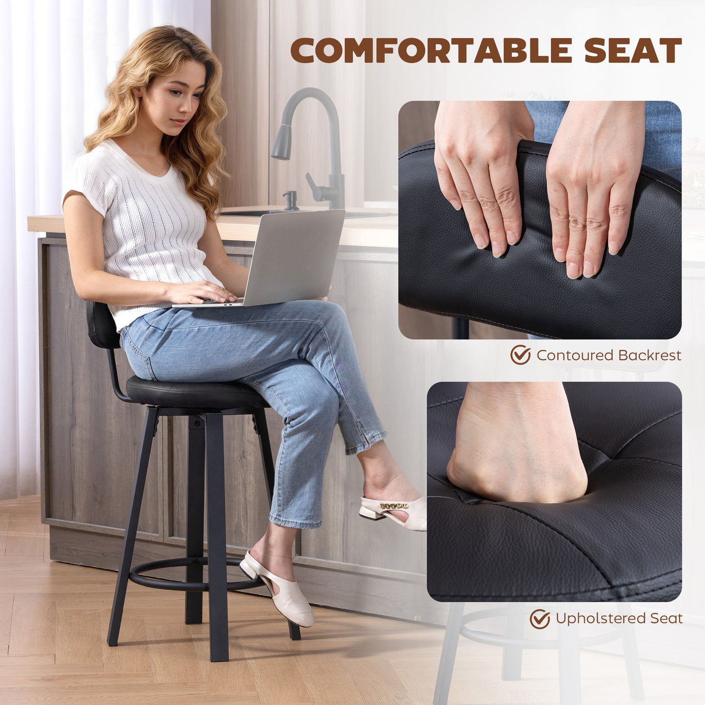 Bar Stools Set of 2, Upholstered Breakfast Bar Chairs with Footrest and Backrest for Kitchen Counter, Black