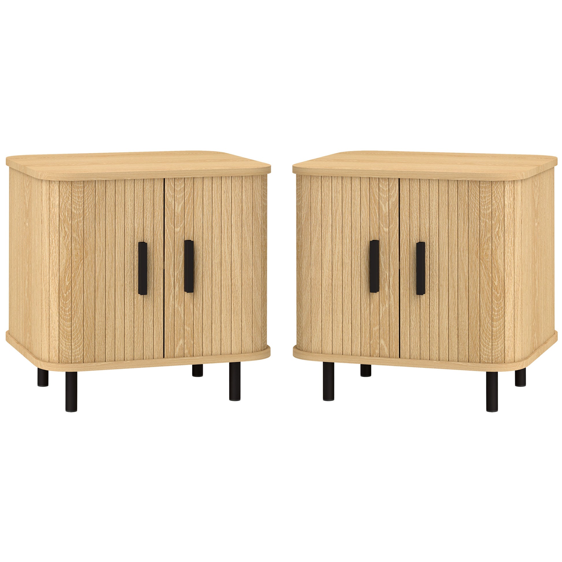 Nightstand Set of 2, Side Table with Shutter Doors, Sofa End Table with Steel Frame, for Bedroom, Living Room, Oak