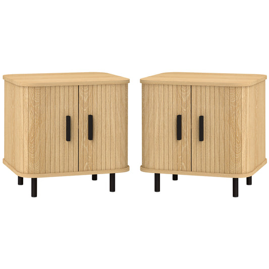 Nightstand Set of 2, Side Table with Shutter Doors, Sofa End Table with Steel Frame, for Bedroom, Living Room, Oak