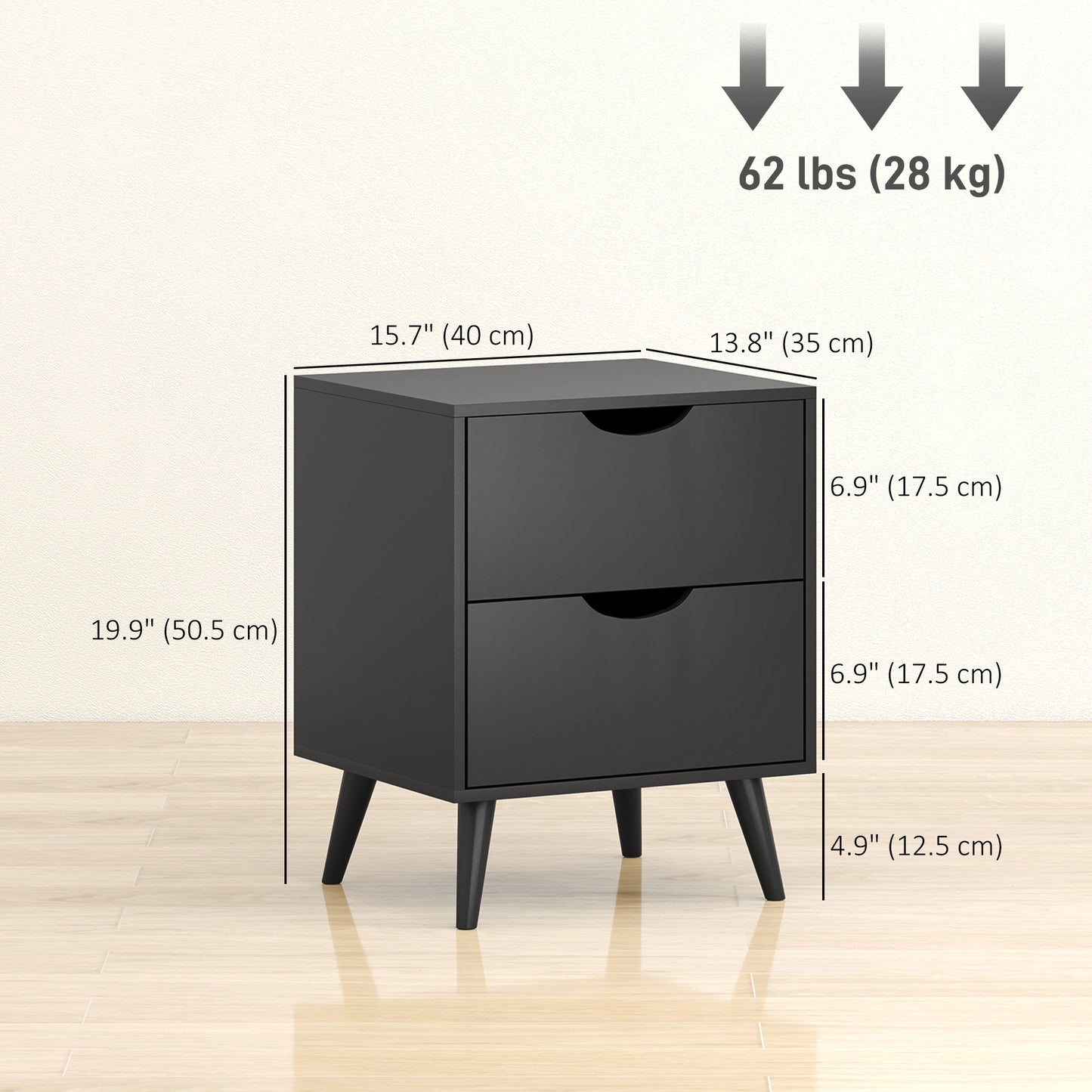 Modern Bedside Table Set of 2, Nightstand with 2 Drawers and Pine Wood Legs for Bedroom, Living Room, Black