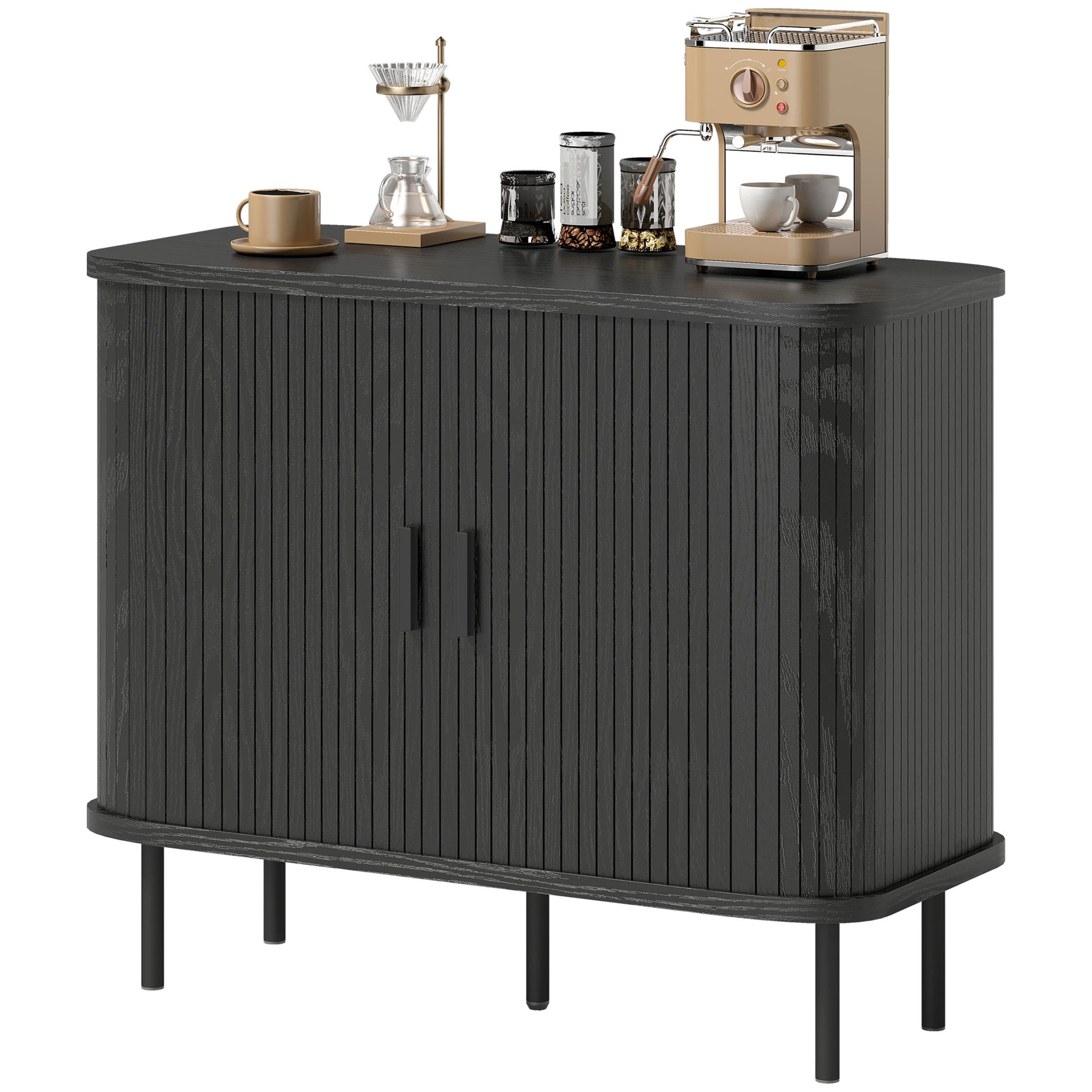 35.4" Sideboard Buffet Cabinet with Storage, Nordic Coffee Bar Cabinet with Slatted Tambour Doors and Metal Legs, Black