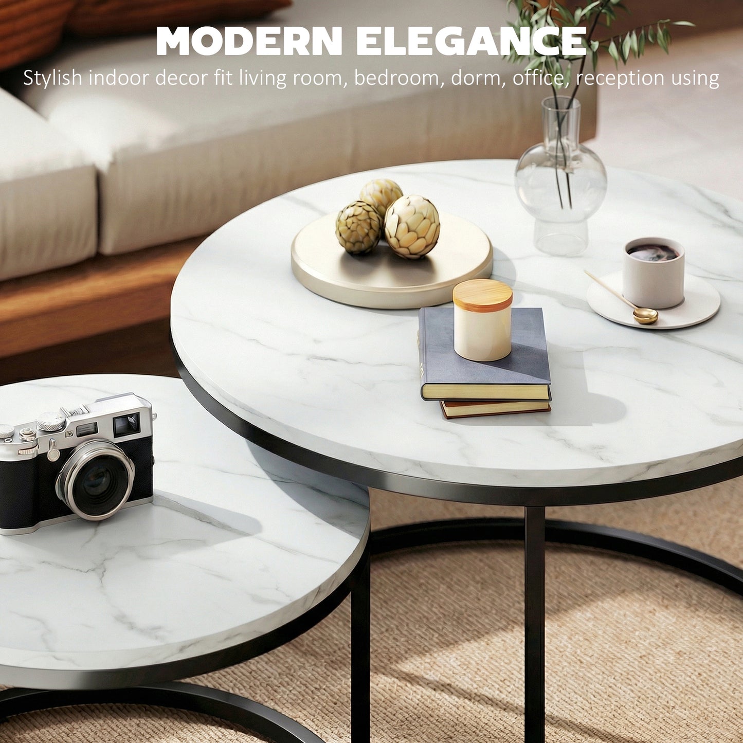 Modern Coffee Table Set of 2, Nesting Side Tables w/ Metal Base for Living Room Bedroom Office Marble White