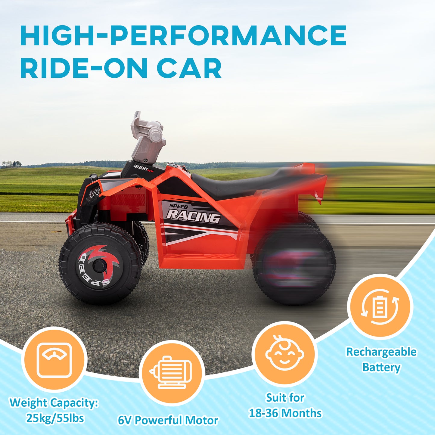 Aosom 6V Quad Kids Electric Car with Wear-resistant Wheels, for Boys and Girls Aged 18-36 Months, Red