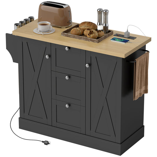 Farmhouse Kitchen Island Cart with Power Outlet and Soft-Close Doors, 49" Kitchen Island with 3 Drawers, Black