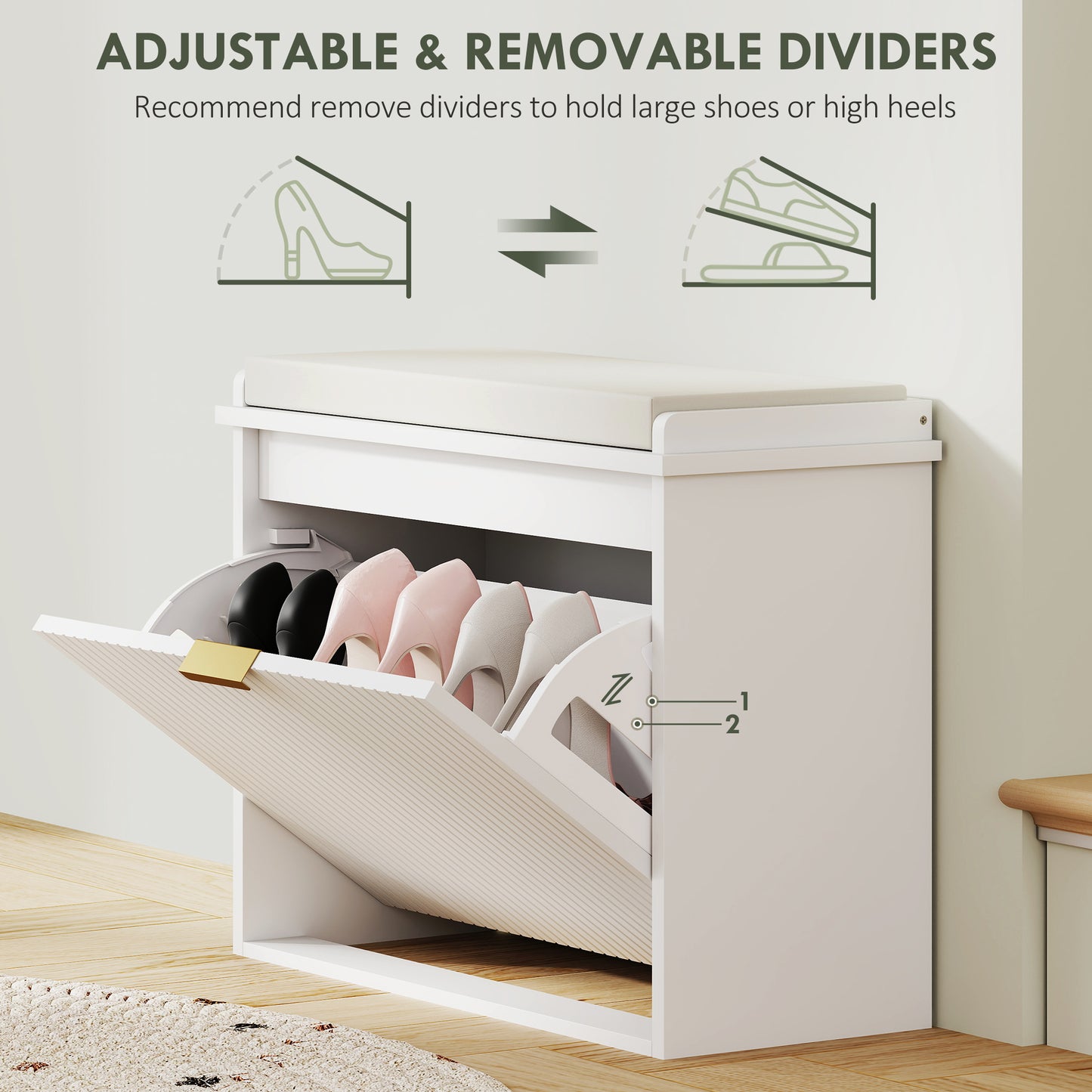 Entryway Bench with Padded Seat and Flip-Drawers, Holds up to 265lbs, Shoe Storage Bench for 6 Pairs of Shoes, White