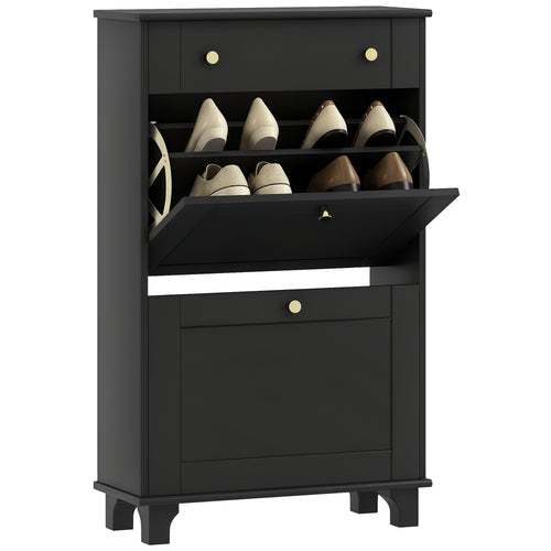 Slim Shoe Storage with 2 Flip Drawers and Adjustable Shelves Shoe Cabinet Organizer for 8 Pair, Black