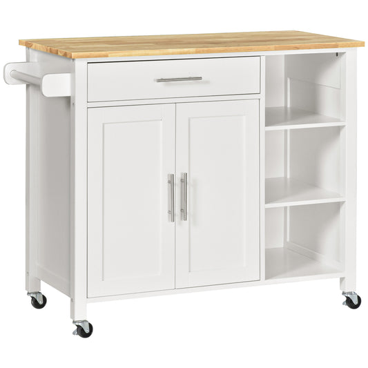 Wooden Rolling Kitchen Island on 360° Swivel Wheels Dining Cart with Drawer, Towel Rack for Kitchen, White