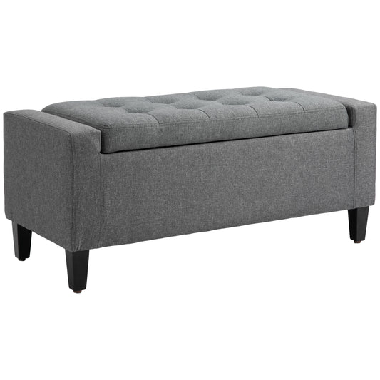 36" Storage Ottoman Bench, Linen-Look Fabric End of Bed Bench with Solid Wood Frame and Legs, Tufted Storage Chest, Footrest for Living Room, Bedroom, Entryway, Grey