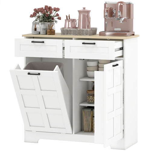 13 Gallon Tilt Out Garbage Cabinet, Kitchen Island with Trash Cabinet, 2 Drawers, Door Racks, Adjustable Shelves, White