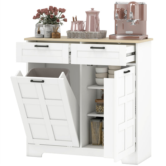 13 Gallon Tilt Out Garbage Cabinet, Kitchen Island with Trash Cabinet, 2 Drawers, Door Racks, Adjustable Shelves, White