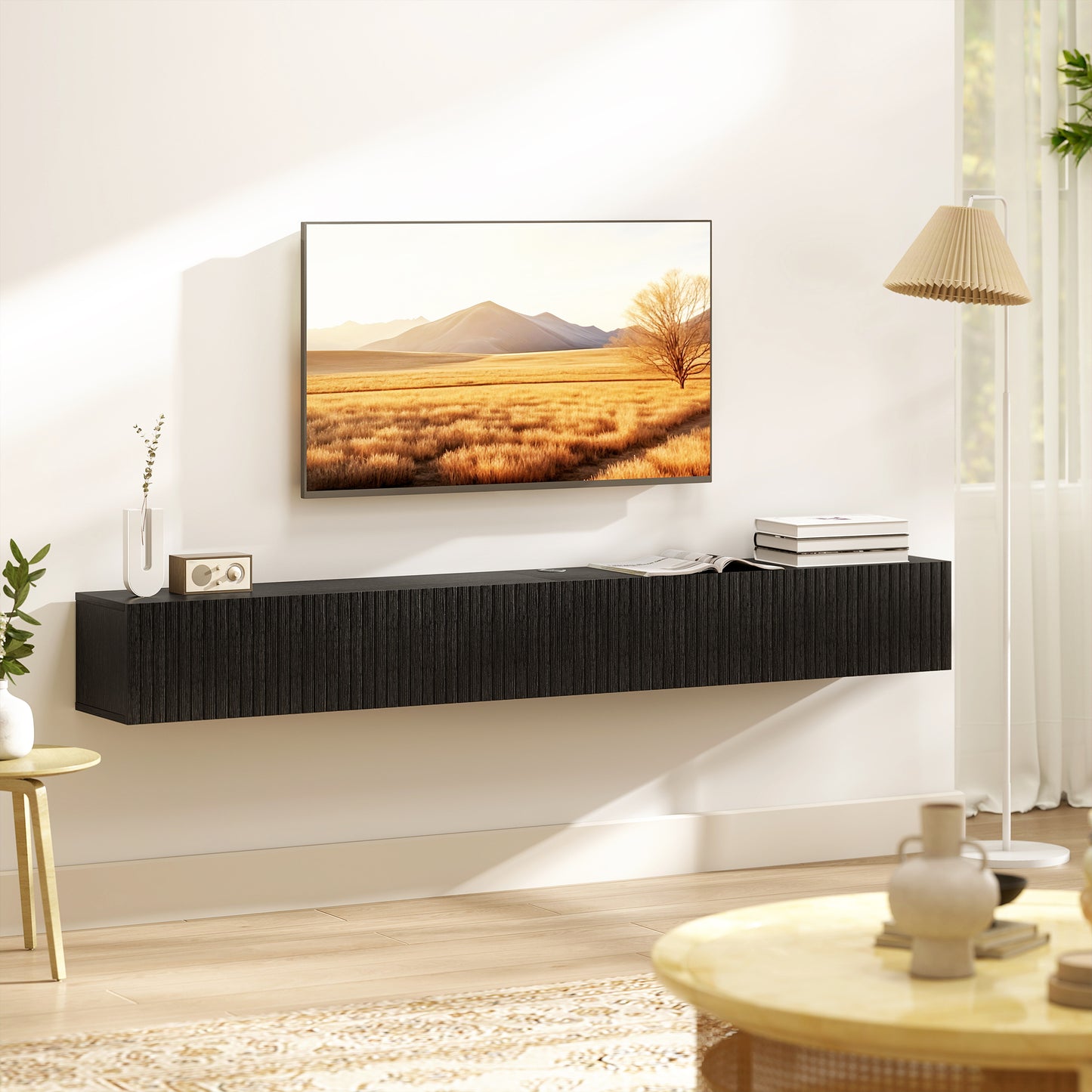 71" Floating TV Stand for TVs up to 72 Inch, Wall Mount Media Console with 2 Fluted Flip-Down Doors, Cable Hole, Black
