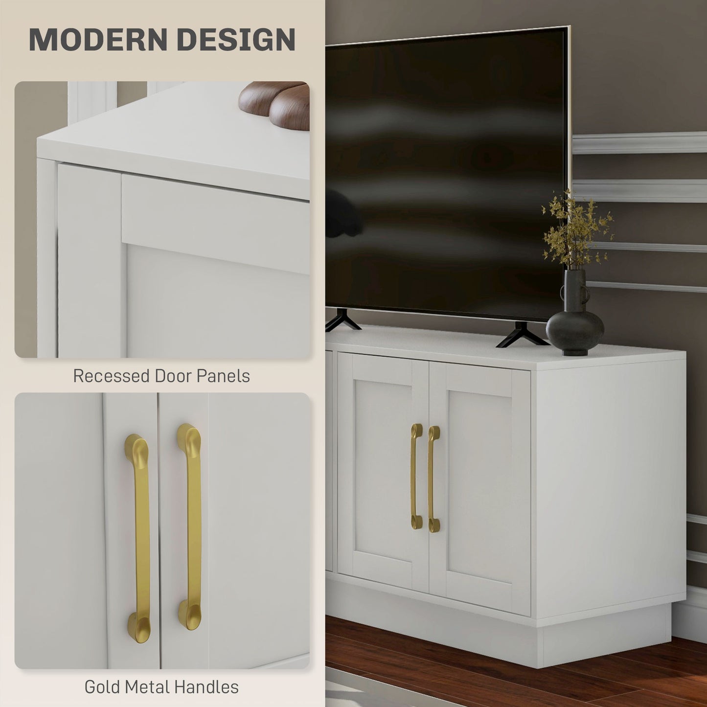 Modern TV Stand for up to 55" TV, TV Cabinet with 4 Soft Hinged Doors, 4 Cable Holes and 2 Adjustable Shelves, White