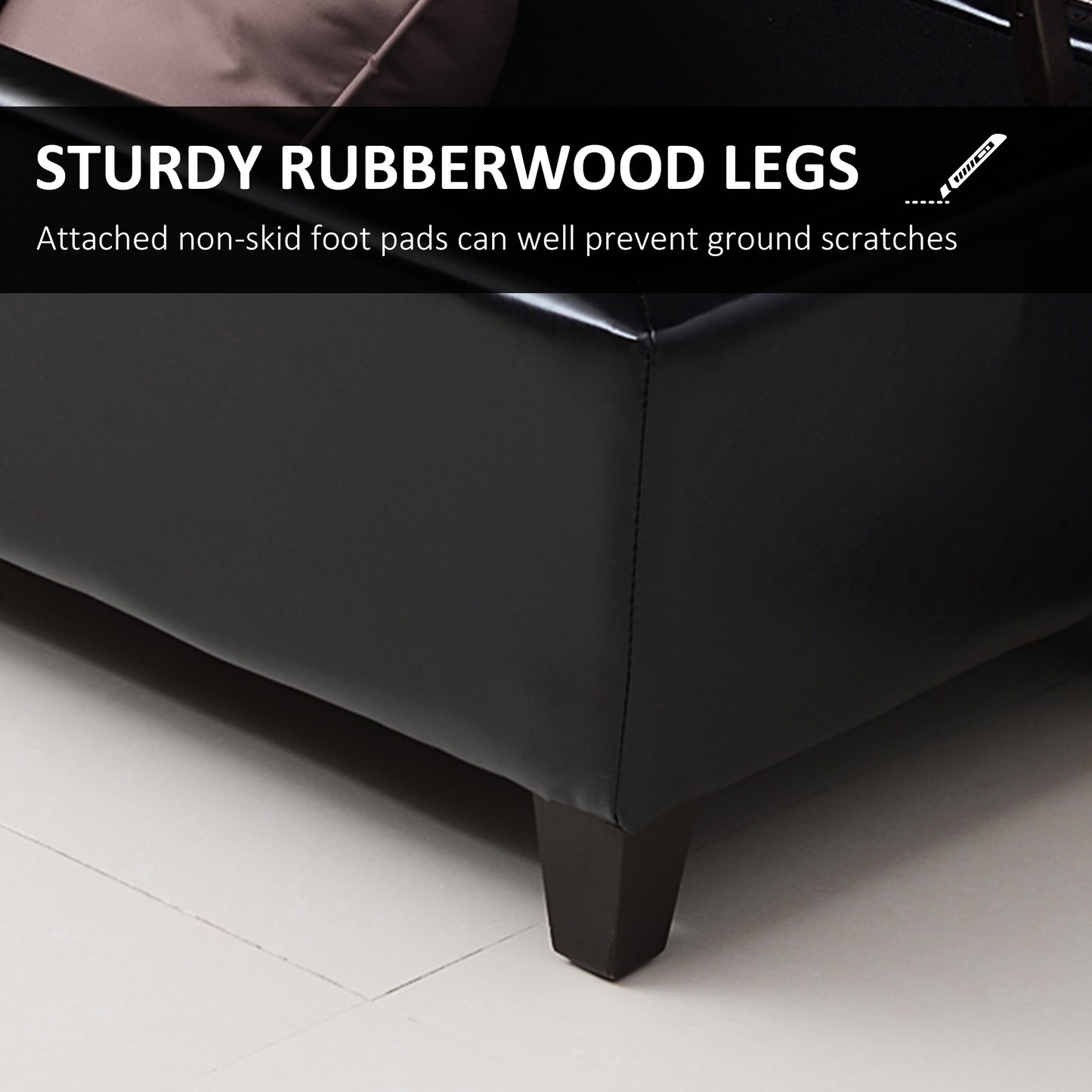 Storage Ottoman Bench, Foot Rest with Solid Wood Legs, 51 Inches PU Leather Storage Chest for Living Room, Black