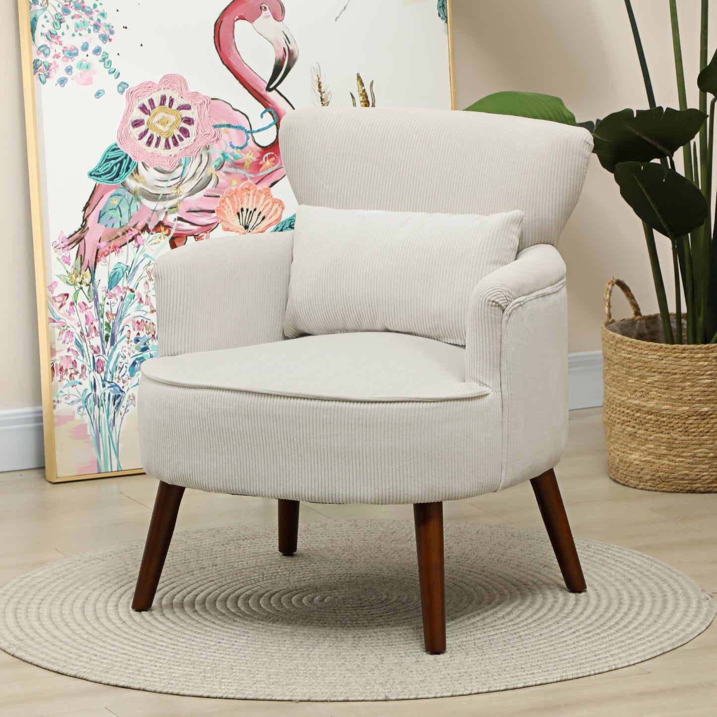 Modern Accent Chair, Upholstered Armchair with Solid Wood Legs and Lumbar Pillow for Living Room, Cream White