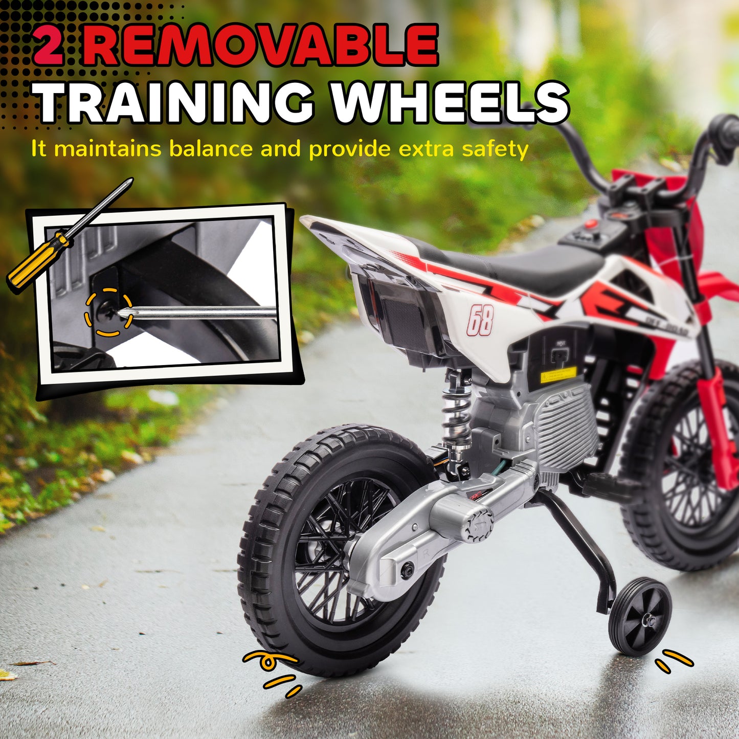Qaba 12V Kids Dirt Bike, Electric Motorcycle with Twist Grip Throttle, Training Wheels, Rear Suspension & Music, Red