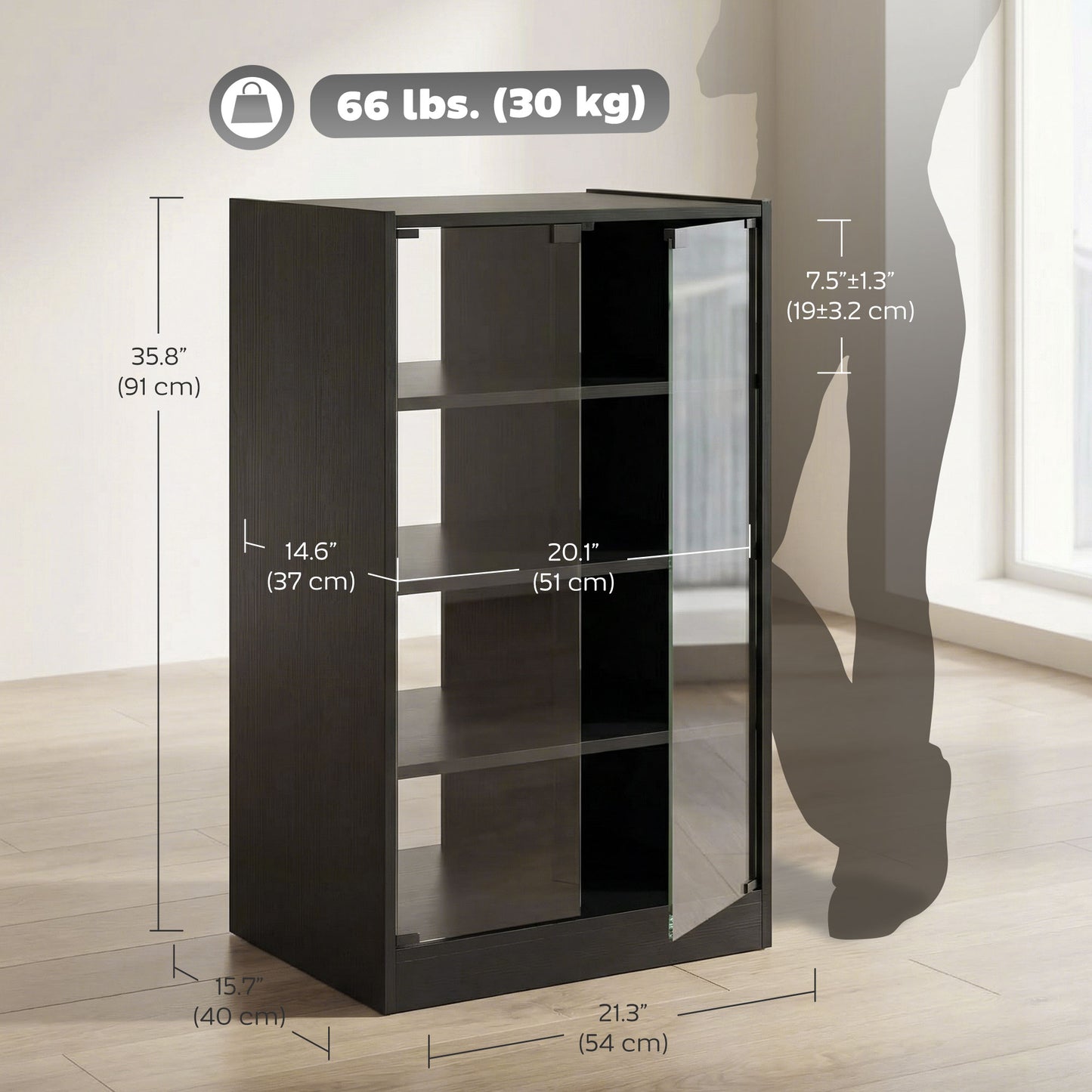 5-Tier AV Media Stand with Push to Open Glass Doors, Audio-Video Storage Cabinet with Adjustable Shelves for DVD Players, Games Consoles, Routers, Distressed Black