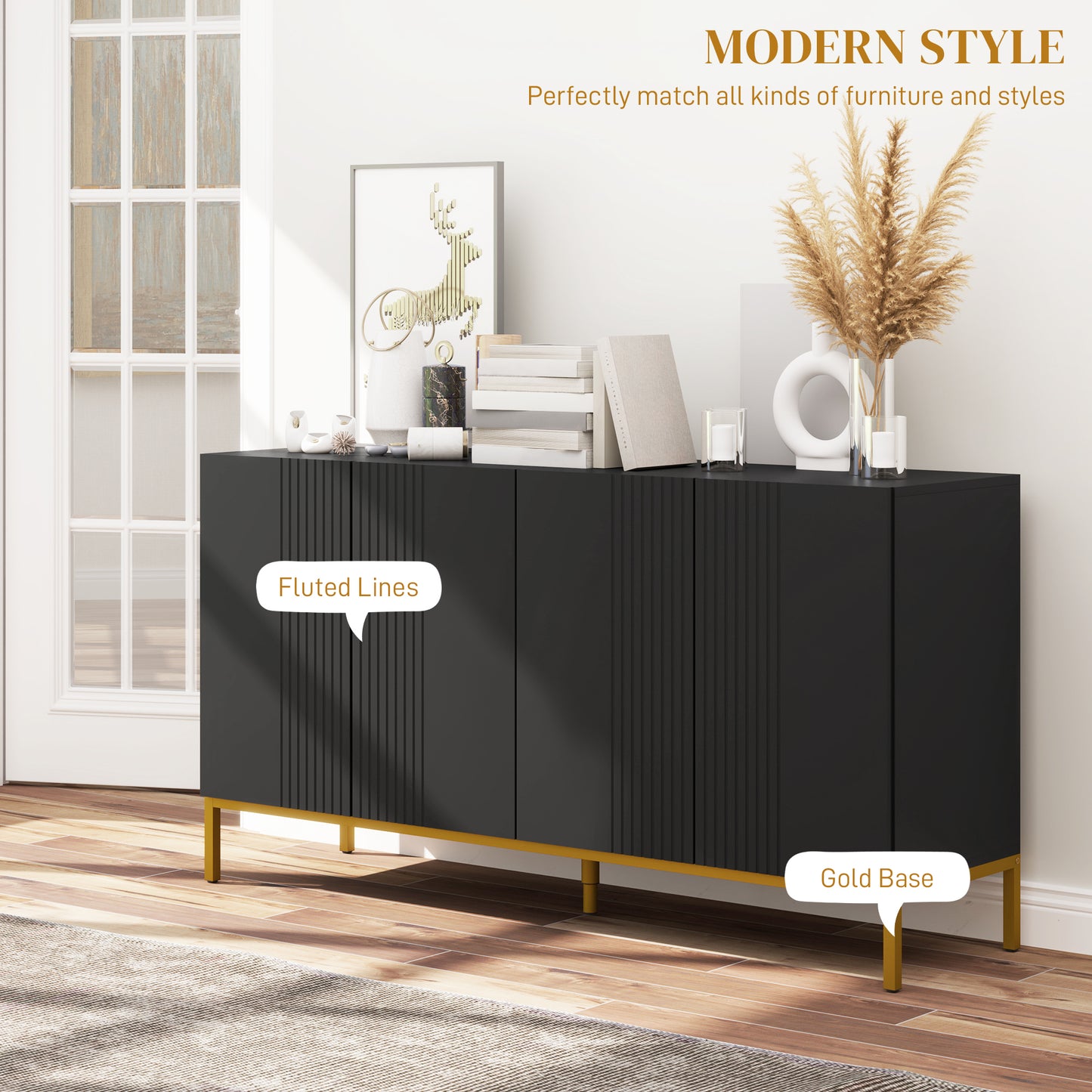 Sideboard Storage Cabinet with Adjustable Shelves, Soft-Close Doors, Kitchen Buffet Cabinet for Dining Room, Black