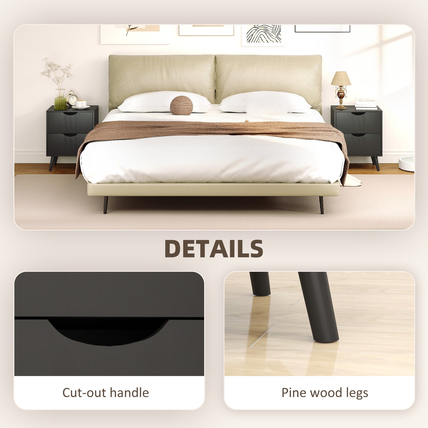 Modern Bedside Table Set of 2, Nightstand with 2 Drawers and Pine Wood Legs for Bedroom, Living Room, Black
