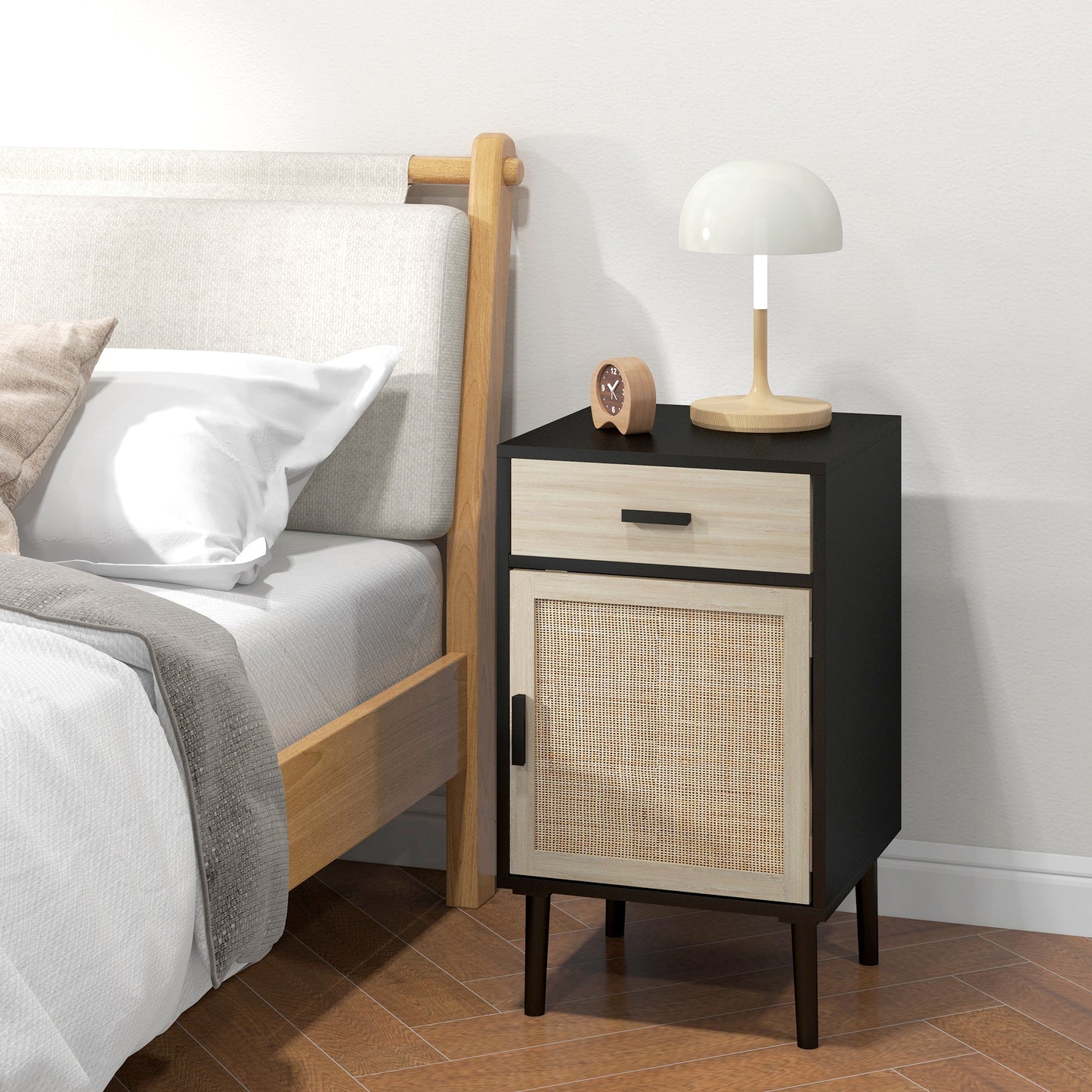 Boho Bedside Tables Set of 2, Nightstands with Drawer, Rattan Cabinet, Adjustable Shelf for Bedroom, Living Room, Black