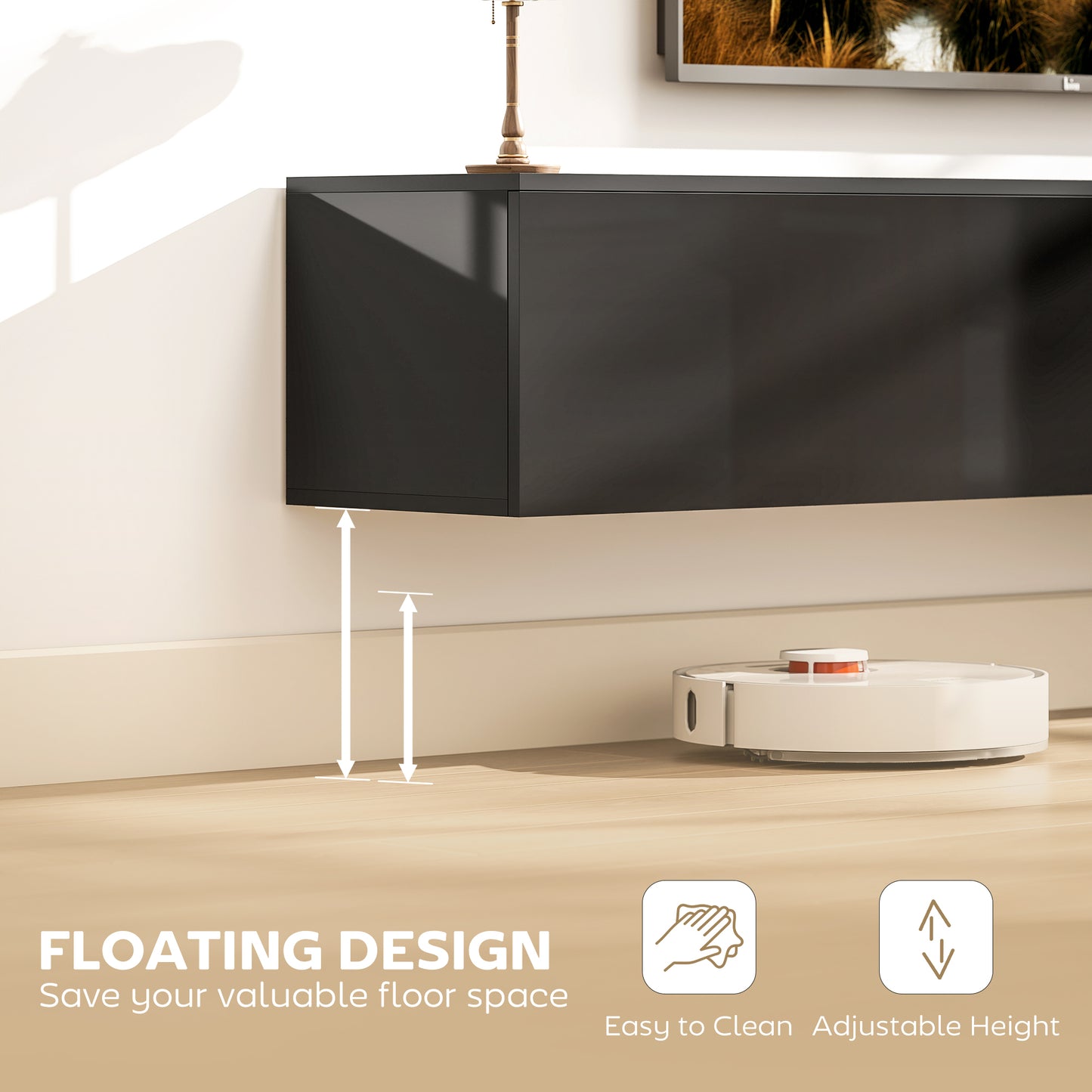 Floating TV Stand for TVs up to 75 Inch, 70.9" TV Cabinet, Entertainment Center with 2 Flip Doors, High Gloss Black