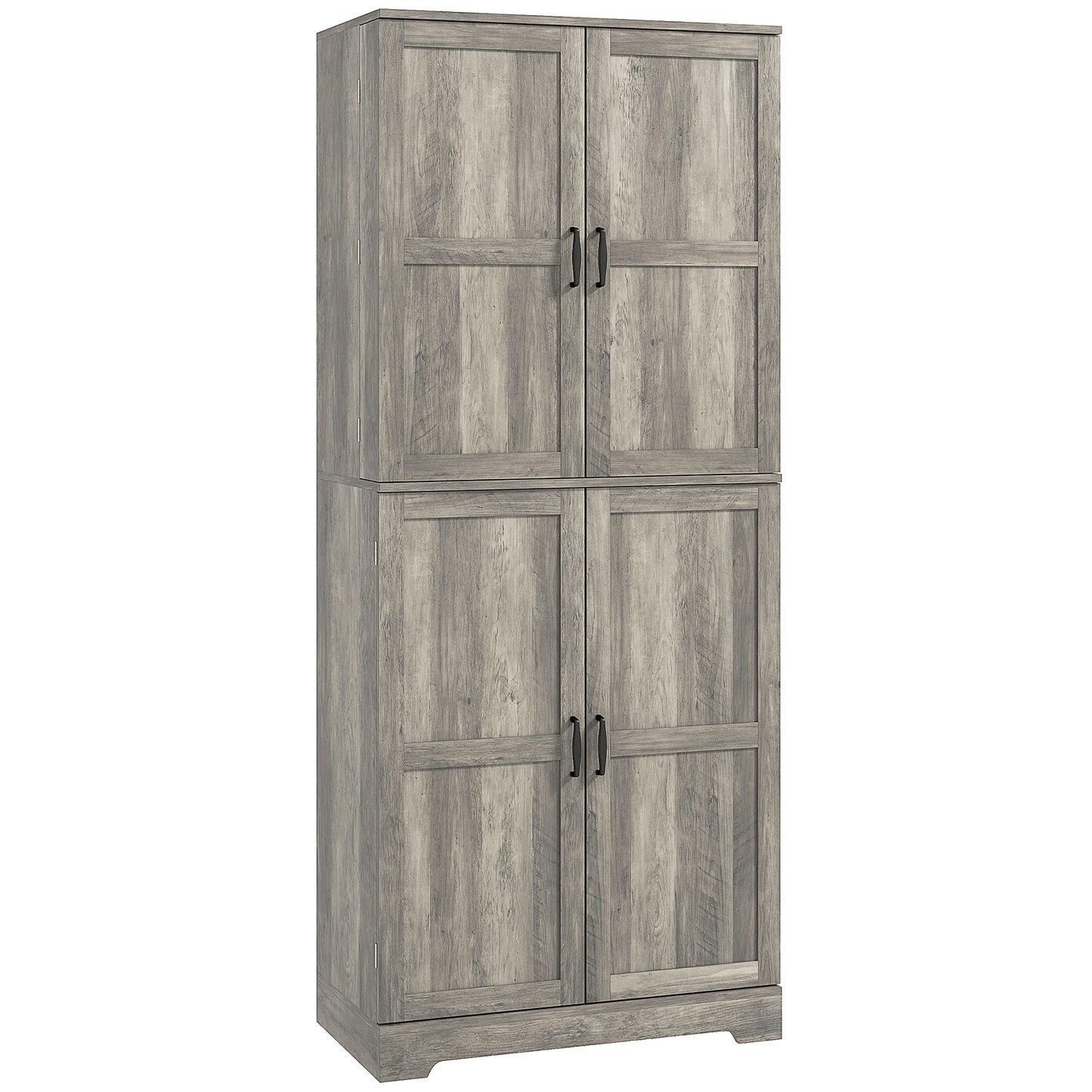 Farmhouse Kitchen Pantry Cabinet, Kitchen Cabinet with Barn Doors, Adjustable Shelves and Door Racks, Distressed Grey
