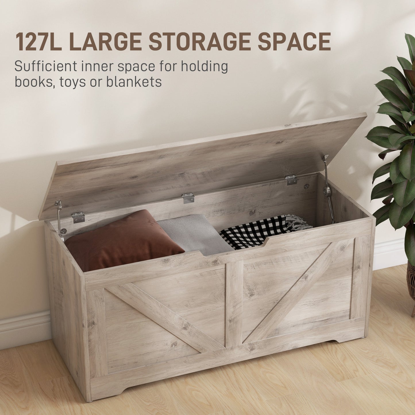 39.4 Inches Storage Chest, Storage Trunk with 2 Safety Hinges for Living Room, Grey Wood Grain