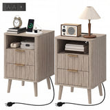 Nightstands Set of 2, Modern Bedside Tables with Charging Station, 2 Drawers and Open Shelf, Grey