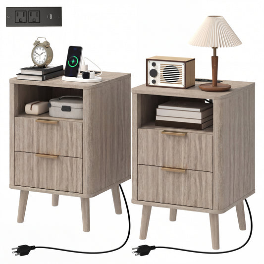 Nightstands Set of 2, Modern Bedside Tables with Charging Station, 2 Drawers and Open Shelf, Grey