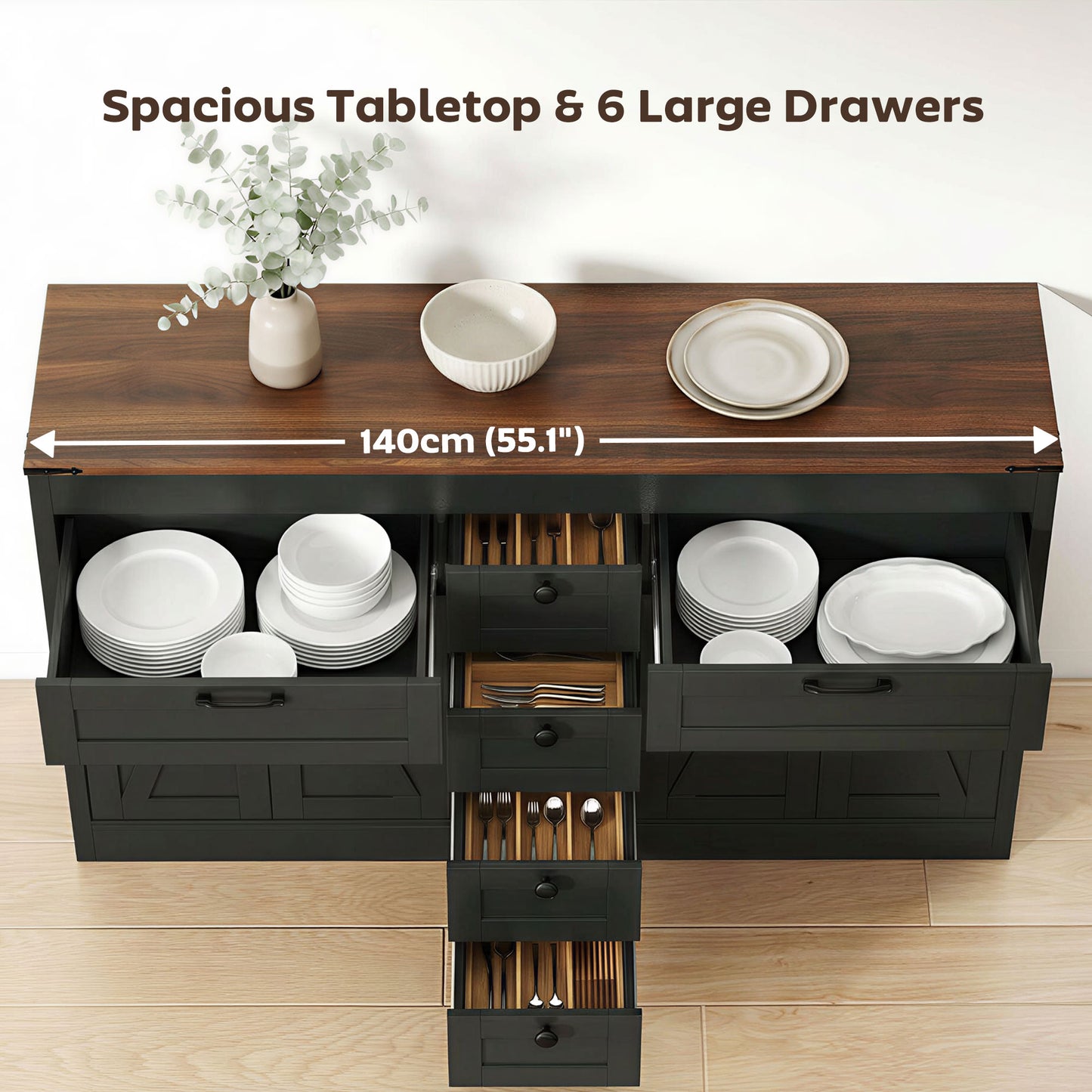 Sideboard Buffet Cabinet, 55" Farmhouse Kitchen Cabinet with 4 Barn Doors, 6 Drawers and 2 Adjustable Shelves, Black
