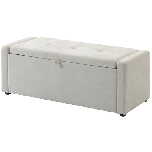 Storage Ottoman Bench, Linen-Look Fabric Upholstered Ottoman with Storage, Wide Padded Seat, Cream White