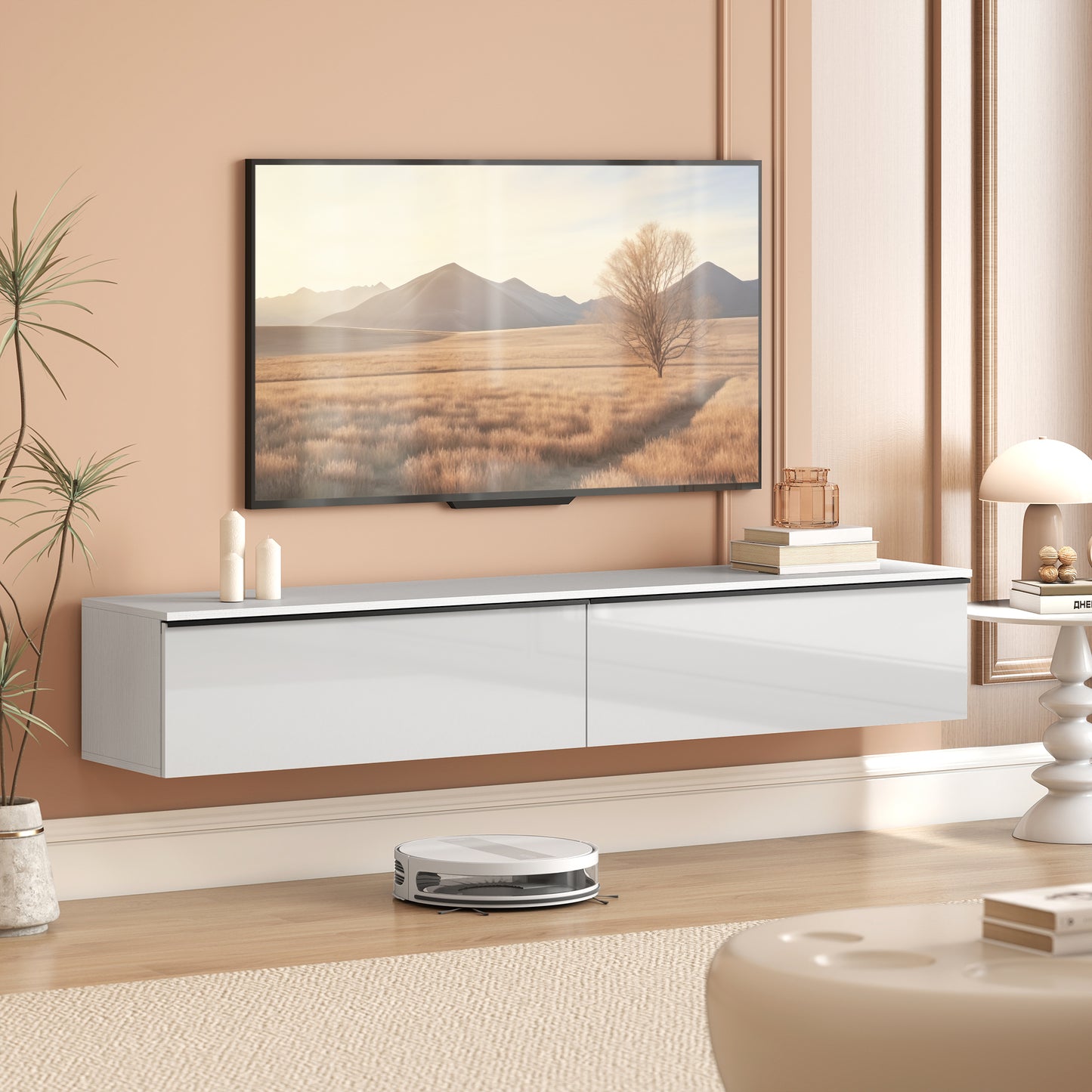 Wall Mounted TV Stand, Floating TV Cabinet with Storage, for TVs up to 80", High Gloss Effect, White