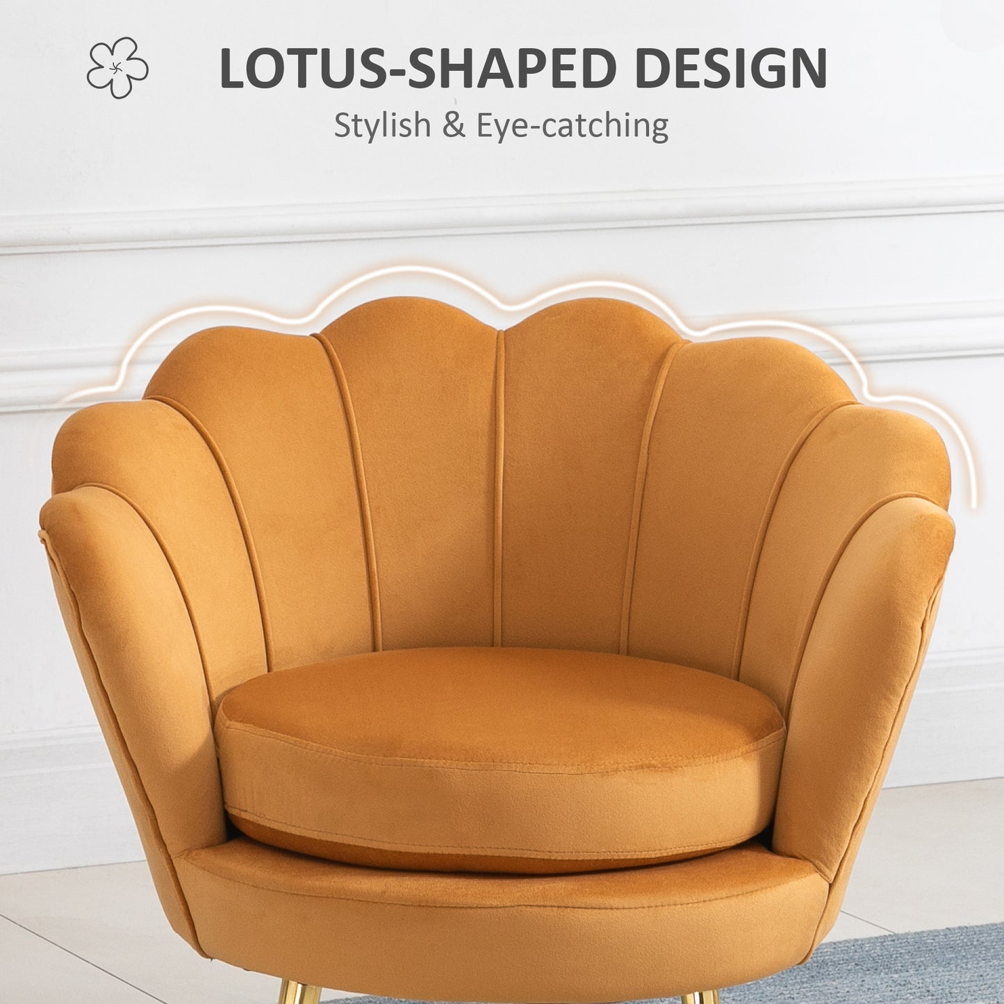 Modern Accent Chair, Velvet-Touch Fabric Leisure Club Chair with Gold Metal Legs for Bedroom, Yellow