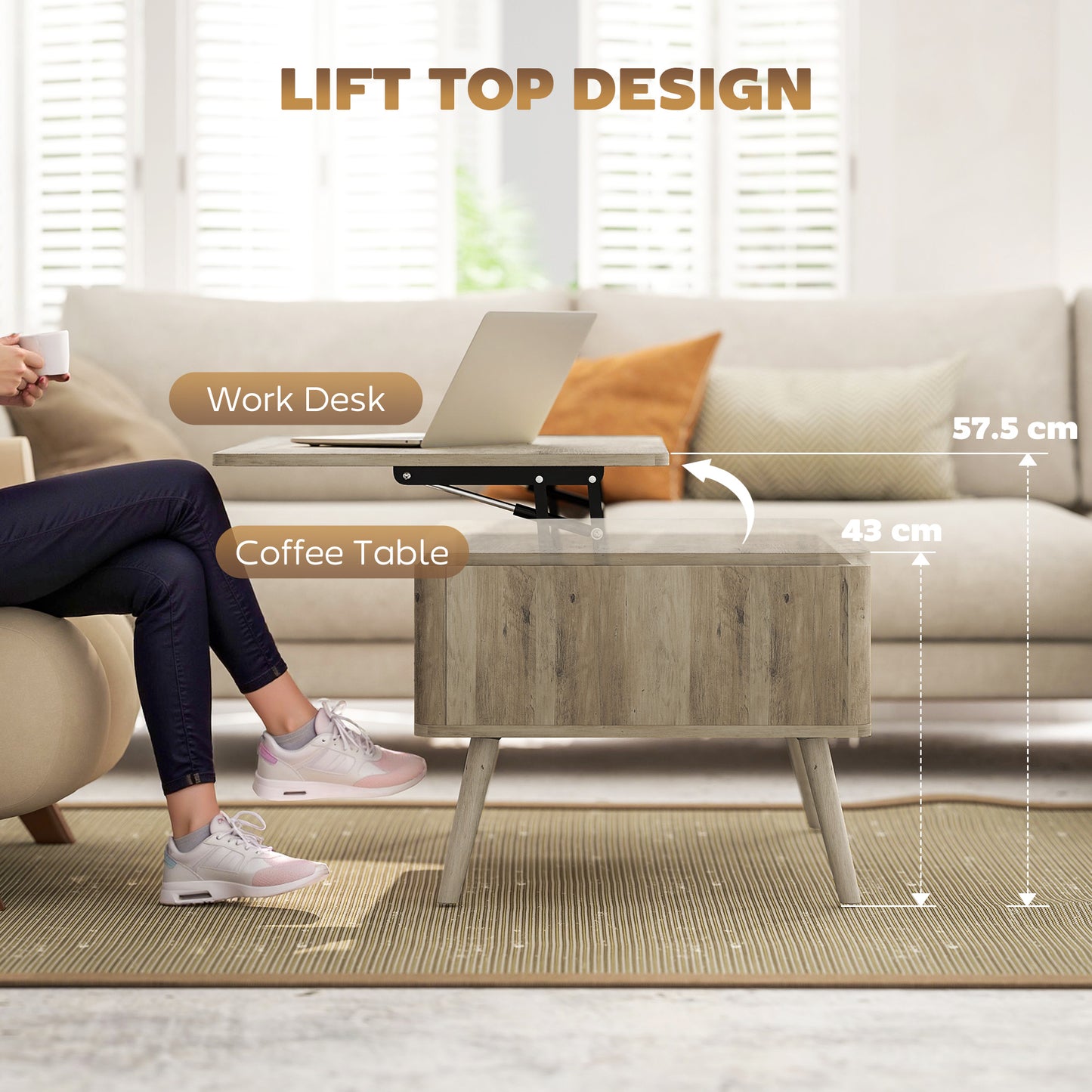 Lift Top Coffee Table with Storage, Center Table with Hidden Compartments and Pine Wood Legs for Living Room, Oak