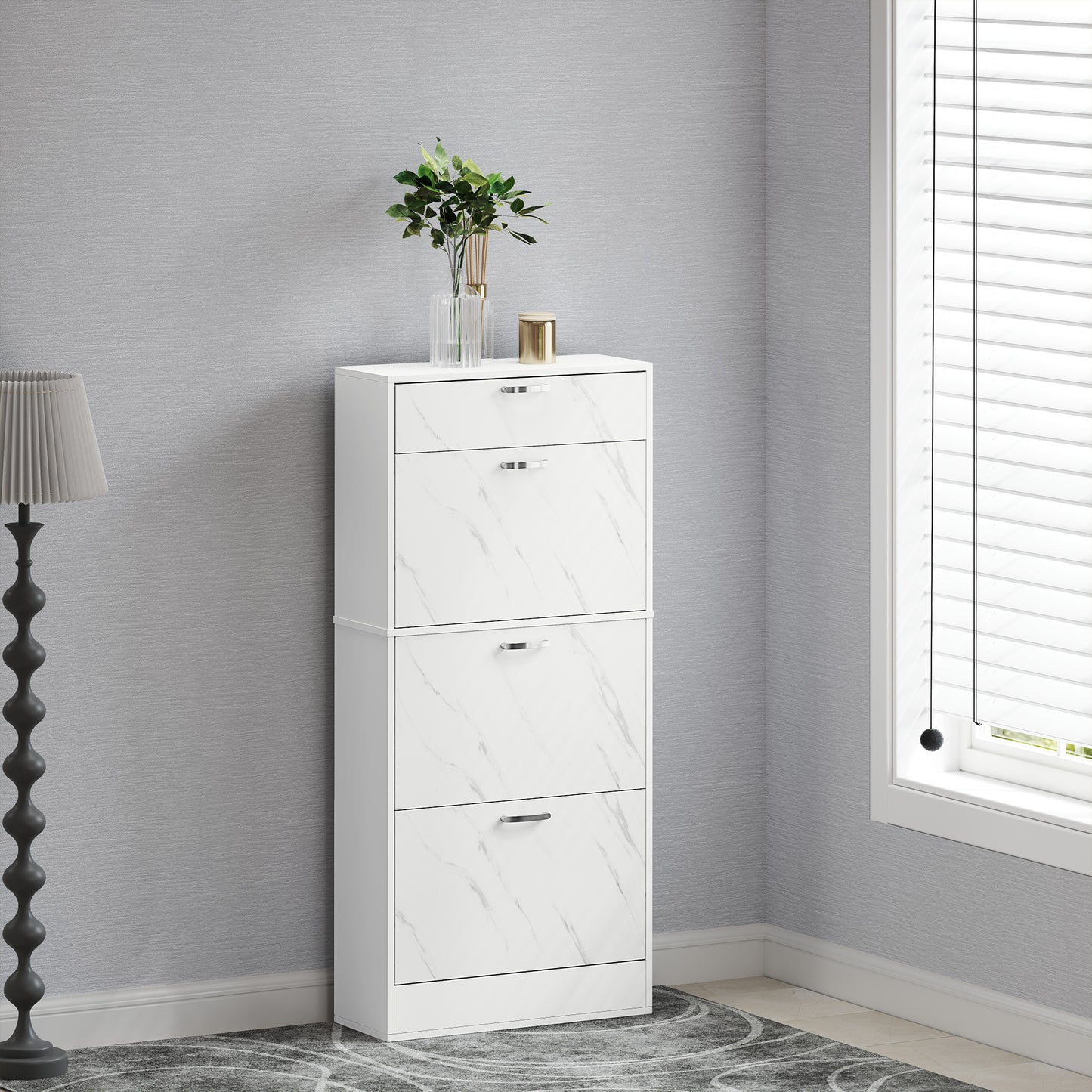 3 Flip Drawer Shoe Cabinet, Marble-Effect Narrow Shoe Storage Cabinet with Top Drawer and Adjustable Shelves, White