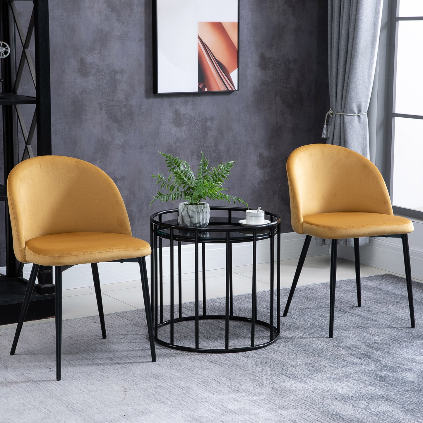Set of 2 Mid-Back Dining Chair, Mid-Back Velvet-touch Upholstery Kitchen Chair for Living Room Dining Room, Yellow