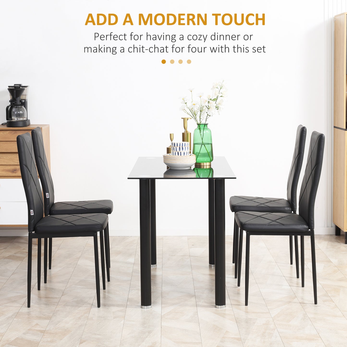 Dining Chairs Set of 4, Modern Accent Chair with High Back, Upholstery Faux Leather and Steel Legs for Living Room, Kitchen, Black