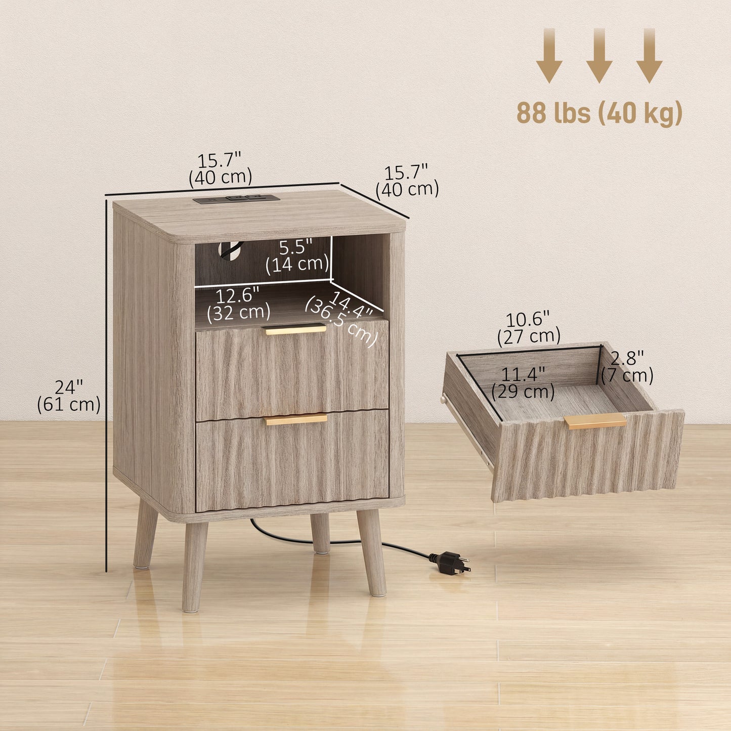 Nightstands Set of 2, Modern Bedside Tables with Charging Station, 2 Drawers and Open Shelf, Grey