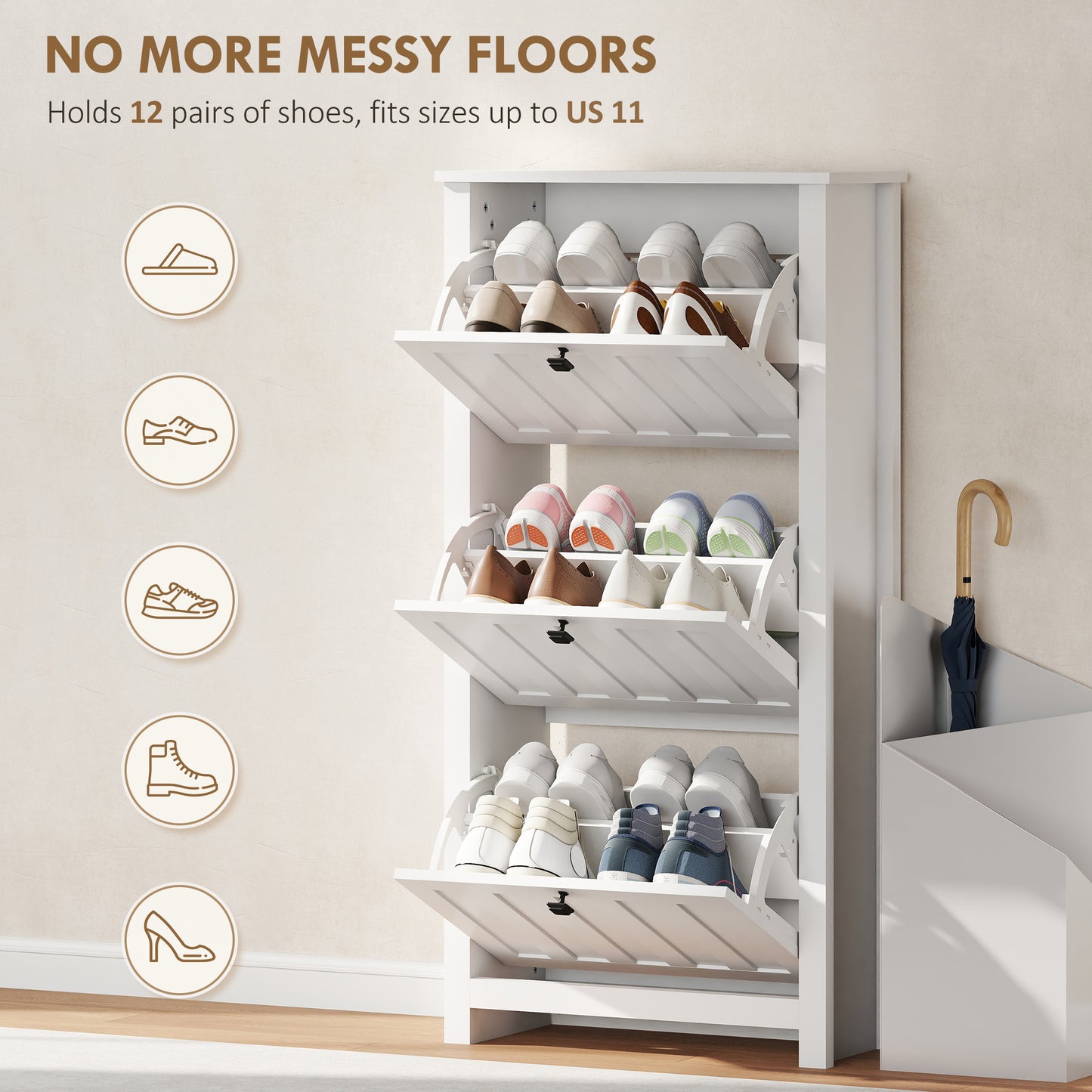 Slim Shoe Cabinet with 3 Flip Drawers, Shoe Storage Cabinet with Adjustable Shelves for Entryway, Holds 12 Pairs, White