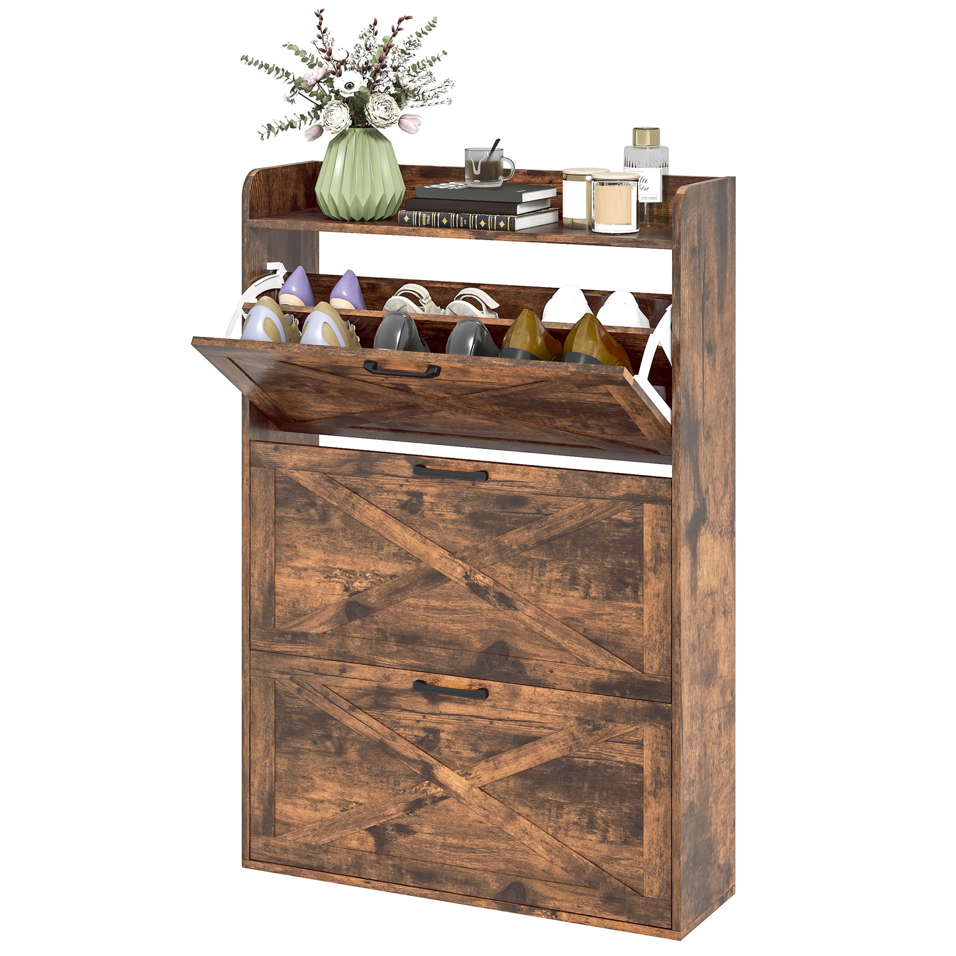 Narrow Shoe Storage Cabinet Farmhouse Shoe Cabinet with 3 Flip Drawers Adjustable Shelves for Entryway Rustic Brown
