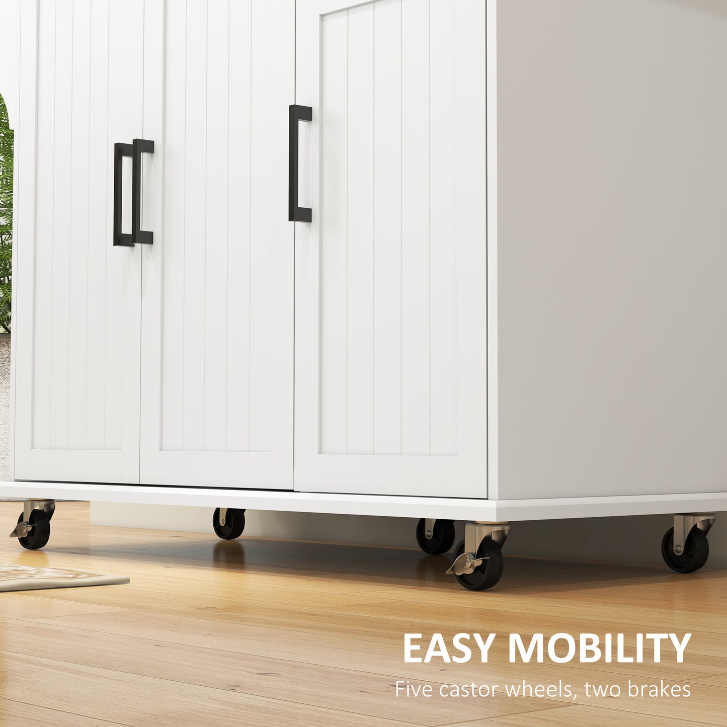 Kitchen Island with Storage, Rolling Kitchen Cart on Wheels, Kitchen Island with Storage, Drawer, 3 Cabinets, Stainless Steel Countertop, Spice Rack and Towel Rack, White