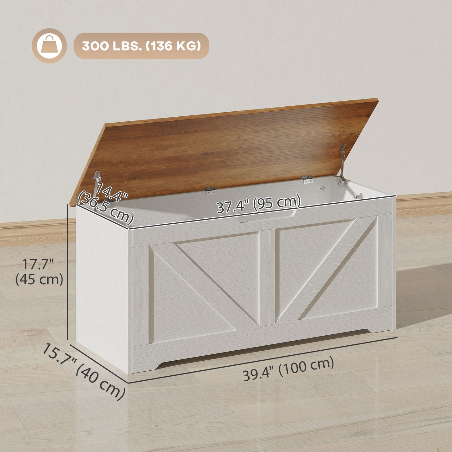 39.4 Inches Storage Chest, Storage Trunk with 2 Safety Hinges for Living Room, Brown and White Wood Grain