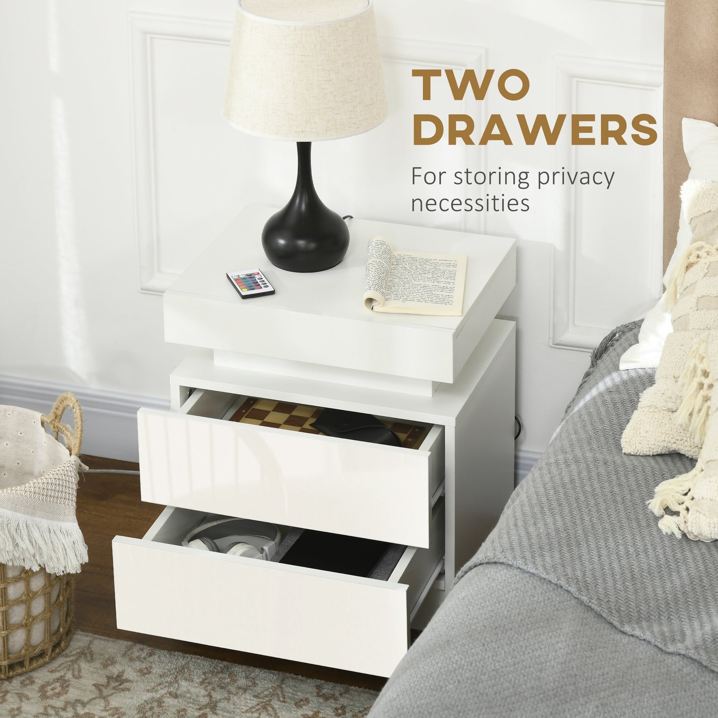 Nightstand, Bedside Table with LED Lights and 2 Drawers for Bedroom, Living Room, White