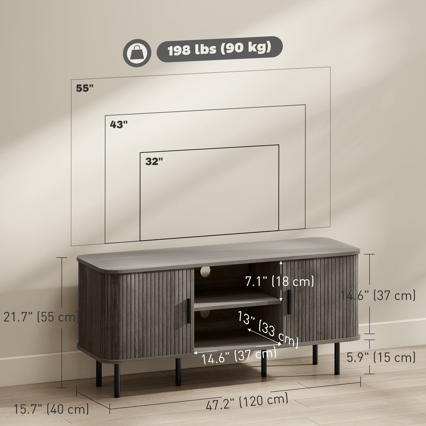 TV Stand Cabinet for TVs up to 55 Inches, TV Unit with Storage Shelves and Cabinets for Living Room, Grey