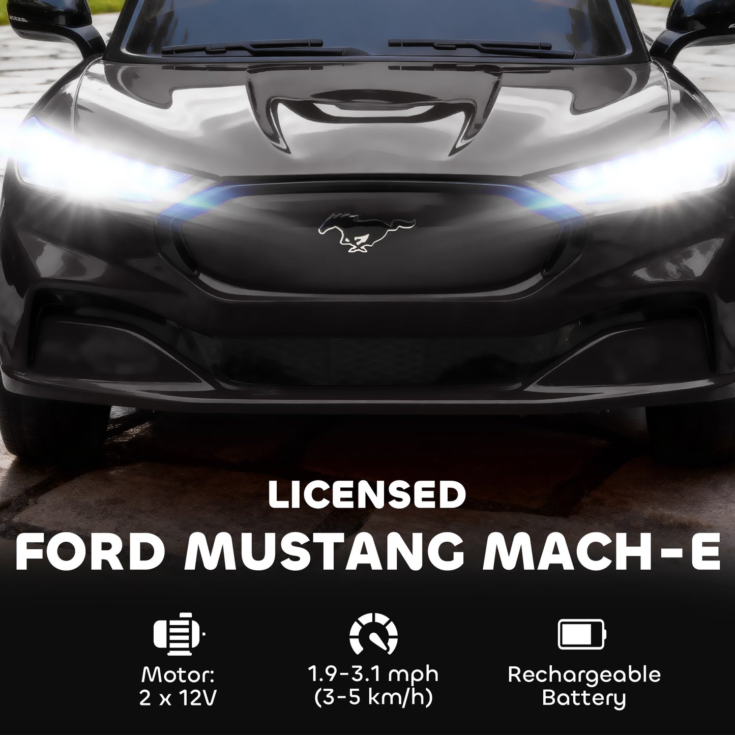 Qaba Ride On Car for Kids, Licensed Ford Mustang Mach-E 12V Electric Car with Remote Control, LED Light, Music, Black