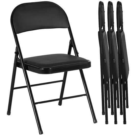 Set of 4 Metal Foldable Chairs, PU Leather Padded Folding Chairs with Cushion Seat and Open Back for Indoor, Black