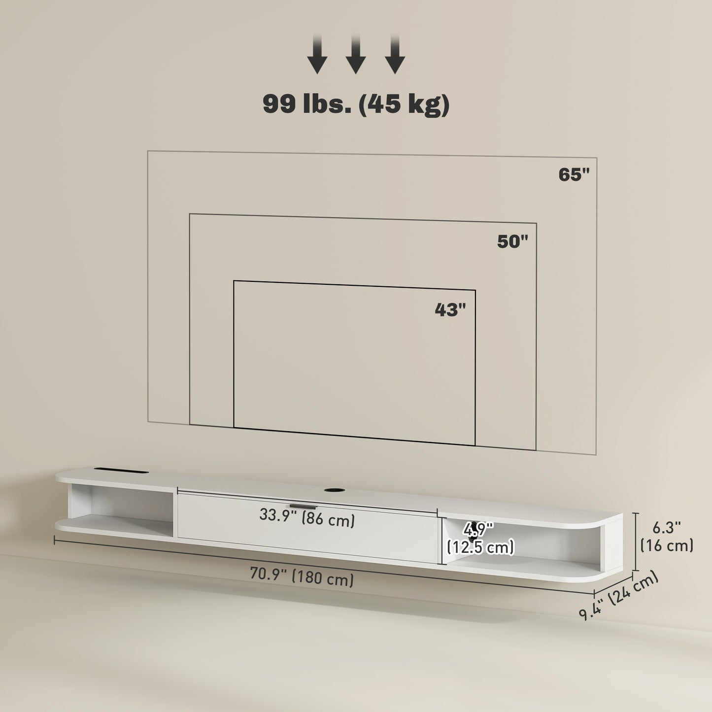 71" Floating TV Stand for TVs up to 75 Inch, Wall Mounted Media Console with Flip Drawer and 2 Open Shelves, White