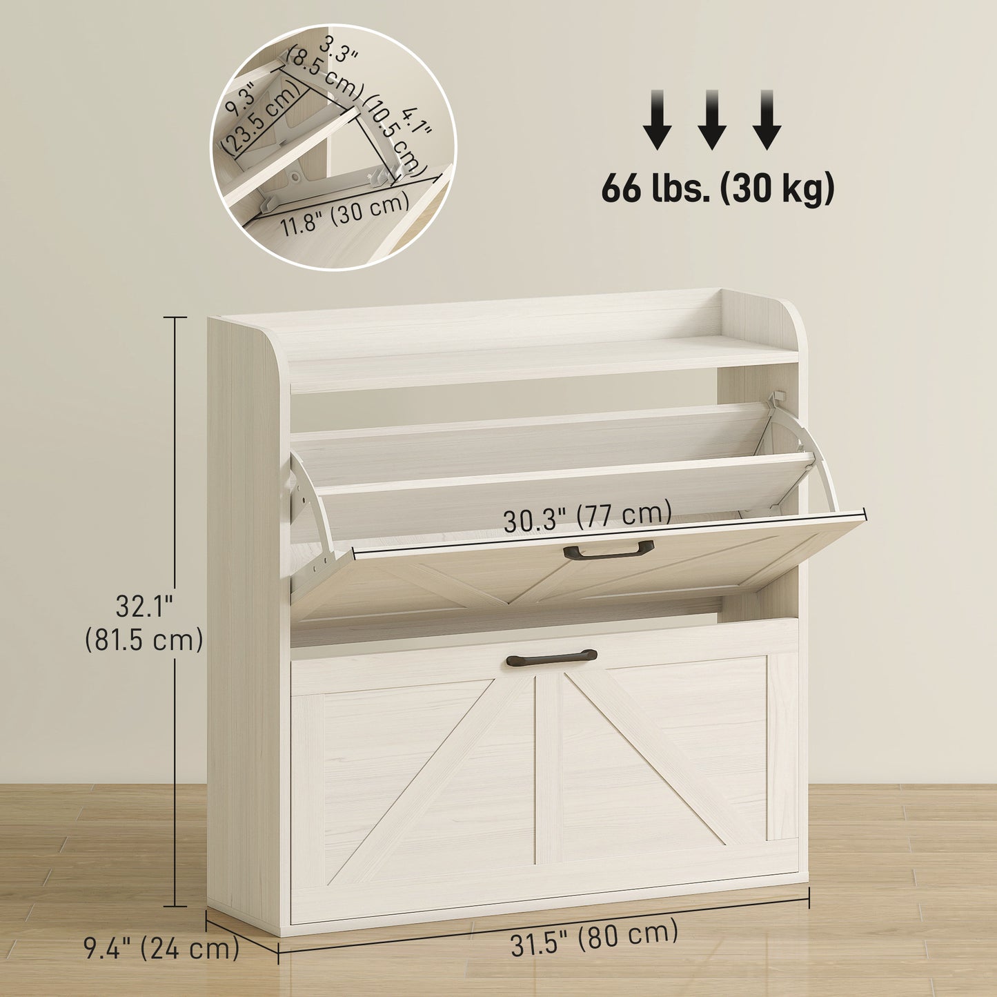 Narrow Shoe Storage Cabinet, Farmhouse Slim Shoe Cabinet with 2 Flip Drawers, Adjustable Shelves, White Oak