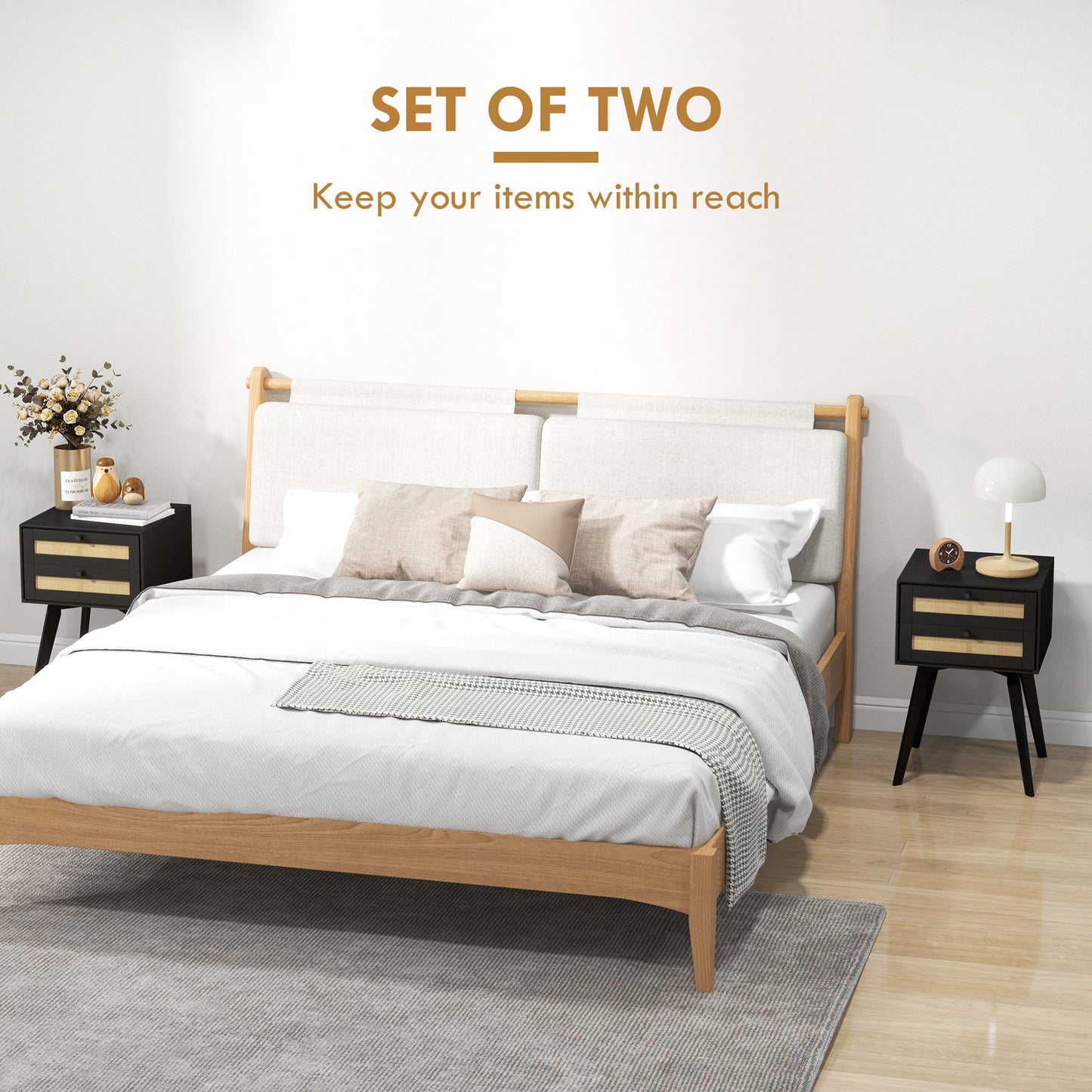 Boho Night Stands Set of 2, Bedside Tables with 2 Rattan Drawers, Square End Tables for Bedroom, Living Room
